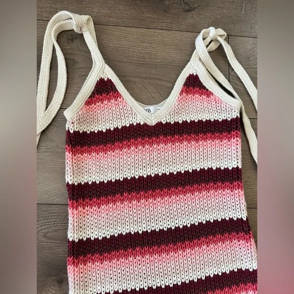 ZARA Red Pink And Cream Striped Crochet Dress Limited Edition, Size M - Picture 8 of 11